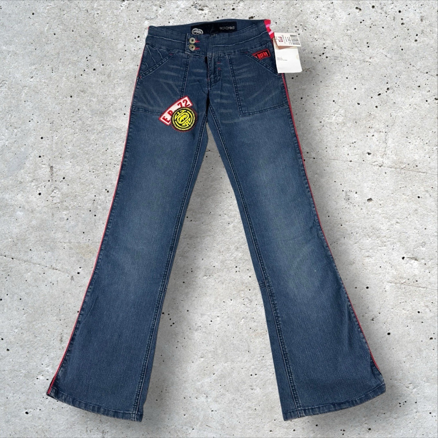 Vtg Y2k Ecko Red Deadstock Low Rise Split Flare Jeans Embroidered Patch Sz 9